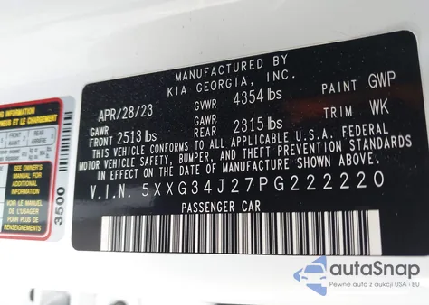 2023 Kia K5 Ex z USA, uszkodzony, nr VIN 5XXG34J27PG222220